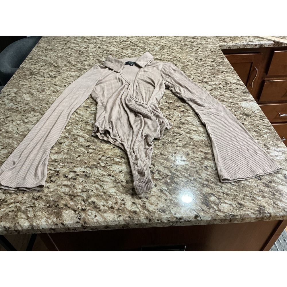 Lulus Head to Class Beige Ribbed Bodysuit M Collared Bell Sleeve Surplice